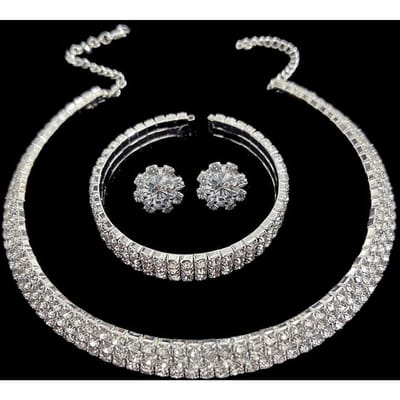 Ensemble de trois pièces collier et boucles d'oreilles en diamant avec collier creux en métal et fleur pour demoiselle d'honneur gray