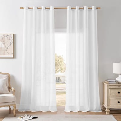 Witte gordijnen voor woonkamer, gordijn met inslagringen, transparant, ruimteverdeler, gordijn, 245 cm, extra lange gordijnen, gordijnen, 140 cm breed, gordijn met inslagringen, set van 2