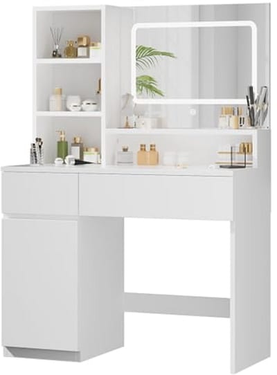 Make-up tafel met spiegel en LED-verlichting, verstelbare planken en lades - Moderne witte houten kaptafel