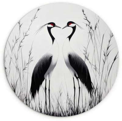 WallCircle® Wandcirkel 120x120 cm - Muurcirkel Kraanvogels - Gras - Hartvorm - Zwart - Muurdecoratie woonkamer - Wanddecoratie slaapkamer - Kamer decoratie accessoires - Ronde schilderijen XXL