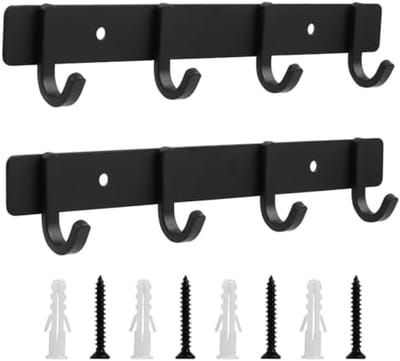 PromoHome Wandhaak Set van 2 - 4 Haken per Stuk - Zwarte Muurhanger voor Kleding en Accessoires
