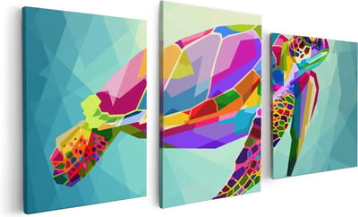 Artaza Canvas Schilderij Drieluik Kleurrijke Schildpad in het Water - 120x60 - Foto Op Canvas - Canvas Print