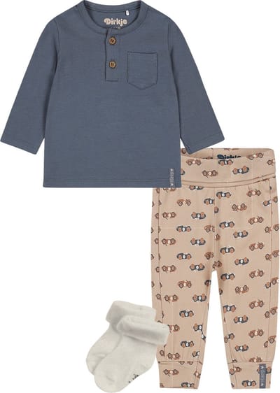 Dirkje - Noppies - kledingset - Broek Beige met raceauto's - Shirt blauw met opasluiting - 1 paar noppies sokjes - Maat 56