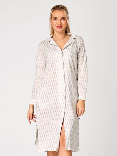 Key Katoenen Dames Nachthemd Lange Mouw Zomer Knoopsluiting Print Wit Roze LND 879 36 / S