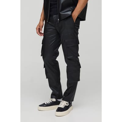 Vaste taille geplooide PU skinny cargo-broek | Black | Size 30