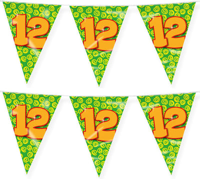 Paperdreams verjaardag 12 jaar thema vlaggetjes - 2x - feestversiering - 10m - folie - dubbelzijdig