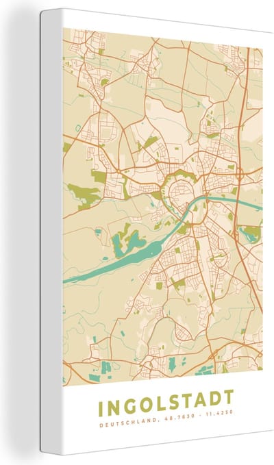 Canvas Schilderij Ingolstadt - Plattegrond - Stadskaart - Vintage - Kaart - 20x30 cm - Wanddecoratie