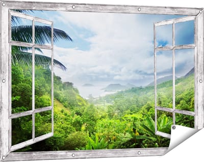 Gards Tuinposter Doorkijk Jungle Uitzicht op de Seychellen - 120x80 cm - Tuindoek - Tuindecoratie - Wanddecoratie buiten - Tuinschilderij