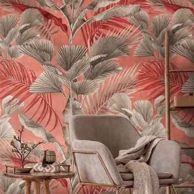Fotobehang Profhome 391854-GU vliesbehang hardvinyl warmdruk in reliëf glad in jungle stijl mat roze zalmrood beigegrijs 1,59 m x 2,8 m