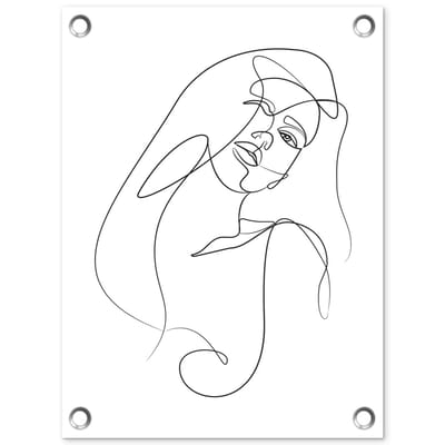 Tuinposter 30x40 cm - Tuindecoratie Abstracte line art van een vrouw met lang haar op een witte achtergrond - Poster voor in de tuin - Buiten decoratie - Schutting tuinschilderij - Tuindoek muurdecoratie - Wanddecoratie balkondoek