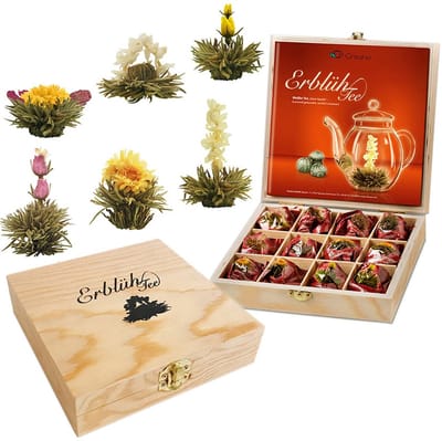 Creano theebloemen cadeauset in houten theekist, 12 bloementhee in 6 soorten witte thee, cadeau voor vrouwen, moeder, theeliefhebbers