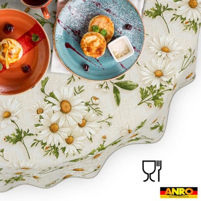 ANRO Tafelkleed Witte madeliefjes Bruin Ovaal 160x140cm Met sierband Afwasbaar Waterafstotend