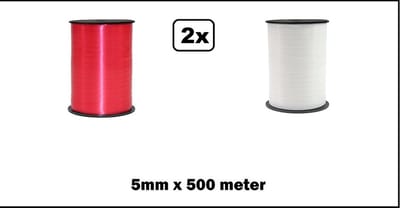 2x Krullint rood en wit 5mm x 500meter krul lint kerst thema feest decoratie kado kado gold verjaardag