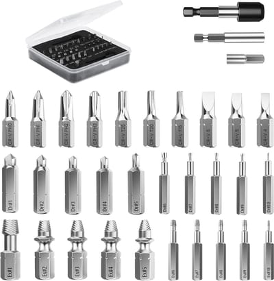 33 PCS Easy Out Stripped Screw Extractor Kit - All-purpose HSS Broken Screw Remover Set with Magnetic Extension Bit Holder - Socket Adapter Included
