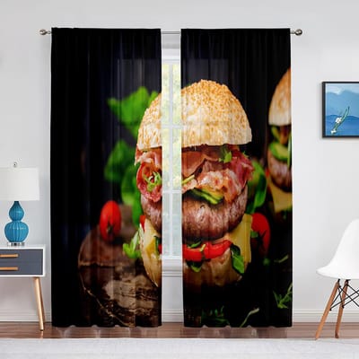 Heerlijk Steak Rundvlees Voedsel Tule Gordijnen voor Woonkamer Slaapkamer Decoratie Moderne Chiffon Doorzichtig Voile Keukenraam Gordijn 1 PCS W100XH250cm&Grommet Top