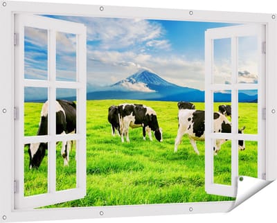 Gards Tuinposter Doorkijk Koeien in de Wei - 150x100 cm - Tuindoek - Tuindecoratie - Wanddecoratie buiten - Tuinschilderij