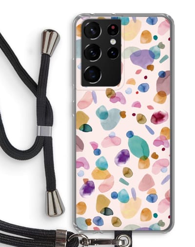 Case Company® - Hoesje met koord geschikt voor Samsung Galaxy S21 Ultra hoesje met Koord - Terrazzo Memphis - Telefoonhoesje met Zwart Koord - Bescherming aan alle Kanten en Over de Schermrand