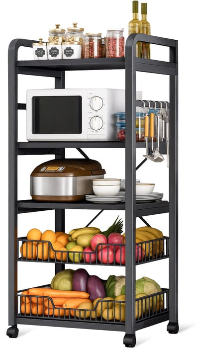 Velox Goods VL‑523 Keukenplanken – Stevig 4‑Laags Opbergrek met Magnetronplank – Metalen Staand Keukenrek – Voor Groenten, Fruit & Apparatuur – Zwart