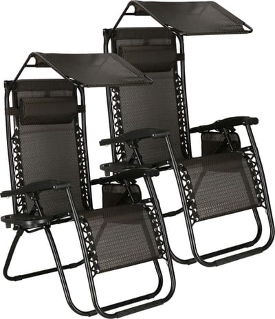 Springos Tuinstoelen | Ligstoel | Opvouwbaar | Verstelbaar | Inclusief Hoofdsteun en Luifel | 2 Stuks | Bruin/Zwart