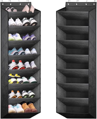 GELLDG Wandgemonteerd schoenenrek - 8 planken - met haken - hangend schoenenrek - schoenenorganizer geschikt voor achter de deur - Geschikt voor het opbergen van schoenen - zwart