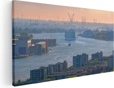 Artaza Canvas Schilderij Rotterdam - 40x20 cm - Klein - Wanddecoratie Skyline - Muurdecoratie Haven - Schilderijen Op Canvas Zonsondergang