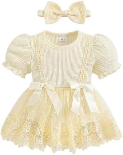 Schattige Korte Mouw Romper voor Meisjes van Ribstof met Tulle en Hoofdband - Perfect voor Feestjes en Foto's