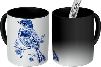 Magische Mok - Foto op Warmte Mokken - Koffiemok - Vogel - Delfts blauw - Illustratie - Bloemen - Magic Mok - Beker - 350 ML - Theemok