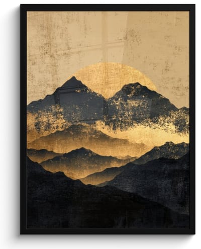 Poster in lijst - Fotolijst 60x80 cm - Posters - Gouden Bergen bij Maanlicht - Posterlijst zwart - Decoratie - Wanddecoratie woonkamer - Muurdecoratie slaapkamer