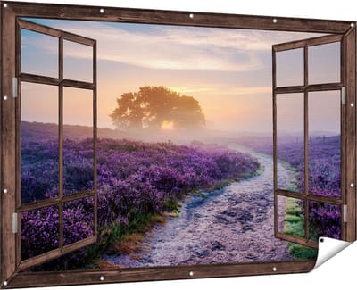 Gards Tuinposter Doorkijk Pad in de Weide van de Veluwe - 180x120 cm - Tuindoek - Tuindecoratie - Wanddecoratie buiten - Tuinschilderij