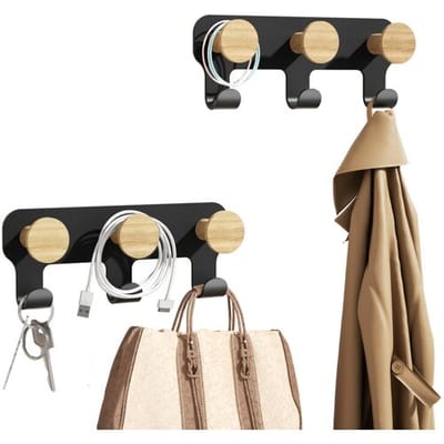 KAPANOU dubbele kledinghangers, wandgemonteerd, set van 2 (6 hangers), vintage bruine rubberhouten kledingrek met stevige zwarte metalen ophangbeugel