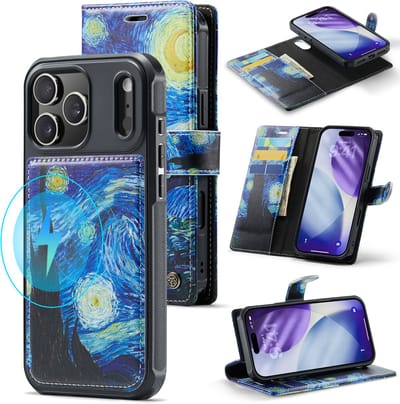 Casemania Hoesje Geschikt voor Apple iPhone 17 Pro - De Sterrennacht Print - Van Gogh - Geschikt voor MagSafe - Kunstleer 2 in 1 Afneembare Bookcase - Magnetische Telefoonhoesje met Kunst Print en Pasjeshouder