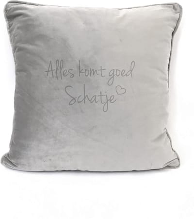 Grijs sierkussen Velours - 45x45cm - Met Tekst: Alles Komt Goed Schatje. Cadeau-troost-steun-hoop.