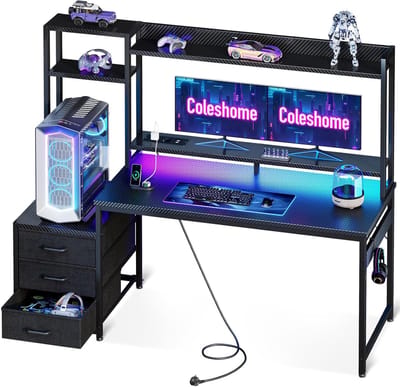 Gamingbureau met LED-verlichting, Stopcontact, Lades & Monitorstandaard – 137 x 48 cm – Zwart Koolstofvezel