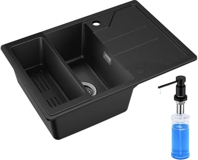 CECIPA max Granieten Spoelbak 65x45cm Zwart - Spoelbakken Keuken Met Zeepdispenser(300ML) - Spoelbak Met Planchet en Afvoermand - Spoelbakken Incl. Sifon en Afvoerzeefje