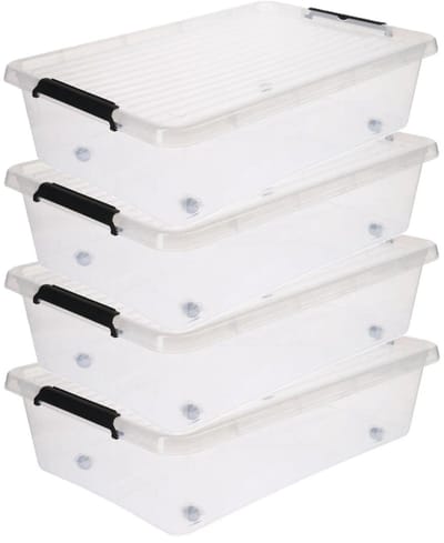 5Five opberg kist met deksel - 4x - Clip Box - 29 liter - 58 x 39 x 16 cm - kunststof - transparant - met wielen