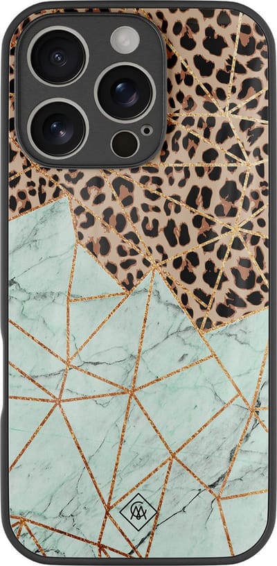 Casimoda® hoesje - Geschikt voor iPhone 16 Pro - Luipaard Marmer Mint - Luxe Hard Case Zwart - Backcover telefoonhoesje - Mint