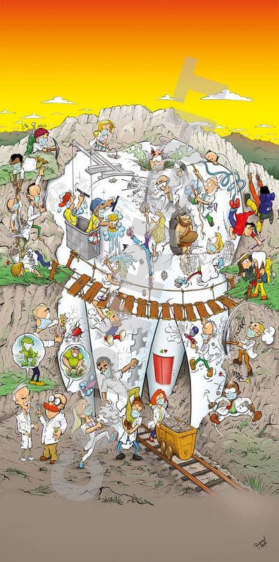 Cartoon plafondplaat - Poster - Roland Hols - Kies - 60 x 120 cm - Forex 10 mm dik - Tandarts - Orthodontist -Mondhygiënist - voor boven de behandelstoel