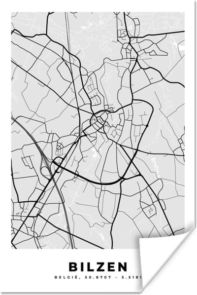 Poster Zwart Wit – België – Plattegrond – Stadskaart – Kaart – Bilzen - 120x180 cm XXL