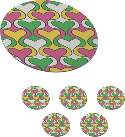 Onderzetters voor glazen - Rond - Hart - Retro - Patronen - 10x10 cm - Glasonderzetters - 6 stuks