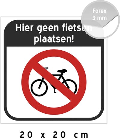 Pictogram/ bord | "Hier geen fietsen plaatsen!" | 20 x 20 cm | Kunststof | Vitrine | Fiets | Velo | Fietsenparking | Verbodsbord | 1 stuk