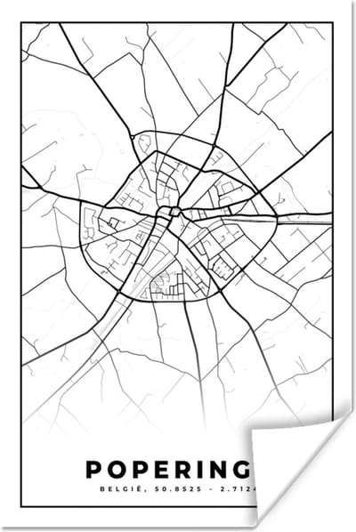 Poster België – Poperinge – Stadskaart – Kaart – Zwart Wit – Plattegrond - 120x180 cm XXL