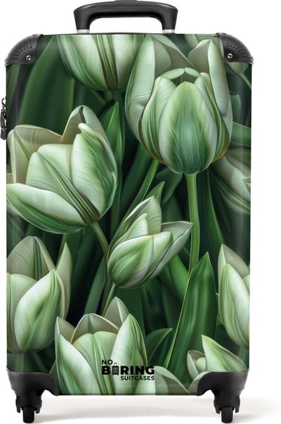 NoBoringSuitcases.com® - Handbagage koffer lichtgewicht - Reiskoffer trolley - Groen met witte tulpen - Rolkoffer met wieltjes - Past binnen 55x40x20 en 55x35x25
