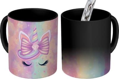 Magische Mok - Foto op Warmte Mokken - Koffiemok - Eenhoorn - Glitters - Regenboog - Pastel - Magic Mok - Beker - 350 ML - Theemok