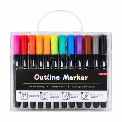 Contourmarkers - 36 kleuren met zwarte houders - Metallic glanseffect - Voor bulletjournals en muurkranten - PP-doos met inzetbak