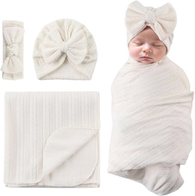 Inbakerdoek voor baby's en pasgeborenen met hoed en hoofdband - Beige wikkeldeken voor een comfortabele slaap