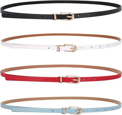 Dunne Leren Tailleband voor Dames - 4 Stuks in Zwart, Wit, Rood en Blauw - Perfect voor Jurken en Broeken