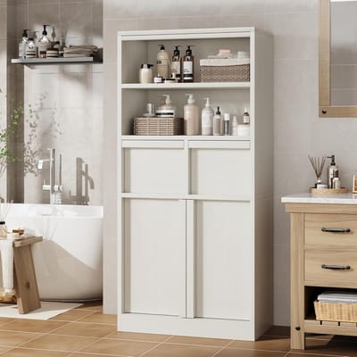 Hoge Badkamerkast / Vrijstaande Opbergkast - Met 2 Lades, Deurtjes & Open Vakken - Multifunctioneel Houten Meubel - 60x30x130 cm - Wit