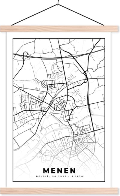 Posterhanger incl. Poster 40x60 cm - Schoolplaat - België – Menen – Stadskaart – Kaart – Zwart Wit – Plattegrond - Textielposter - Blanke latten - Stadskaart