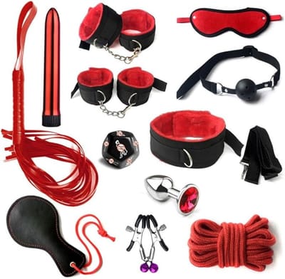 BDSM Set Voor Roleplay – Bondage Set Met Handboeien, Zweep, Veer en Diverse Accessoires – Verstelbaar en Comfortabel Ontwerp Voor Avontuurlijk Gebruik | Rode Luxe Uitvoering Voor Volwassenen