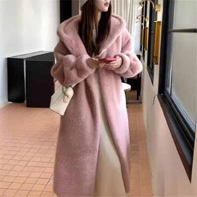 Nieuwe Imitatie Velours Nertsjas Bont Eendelig Dames Winter Capuchon Milieuvriendelijke Bontjas L white